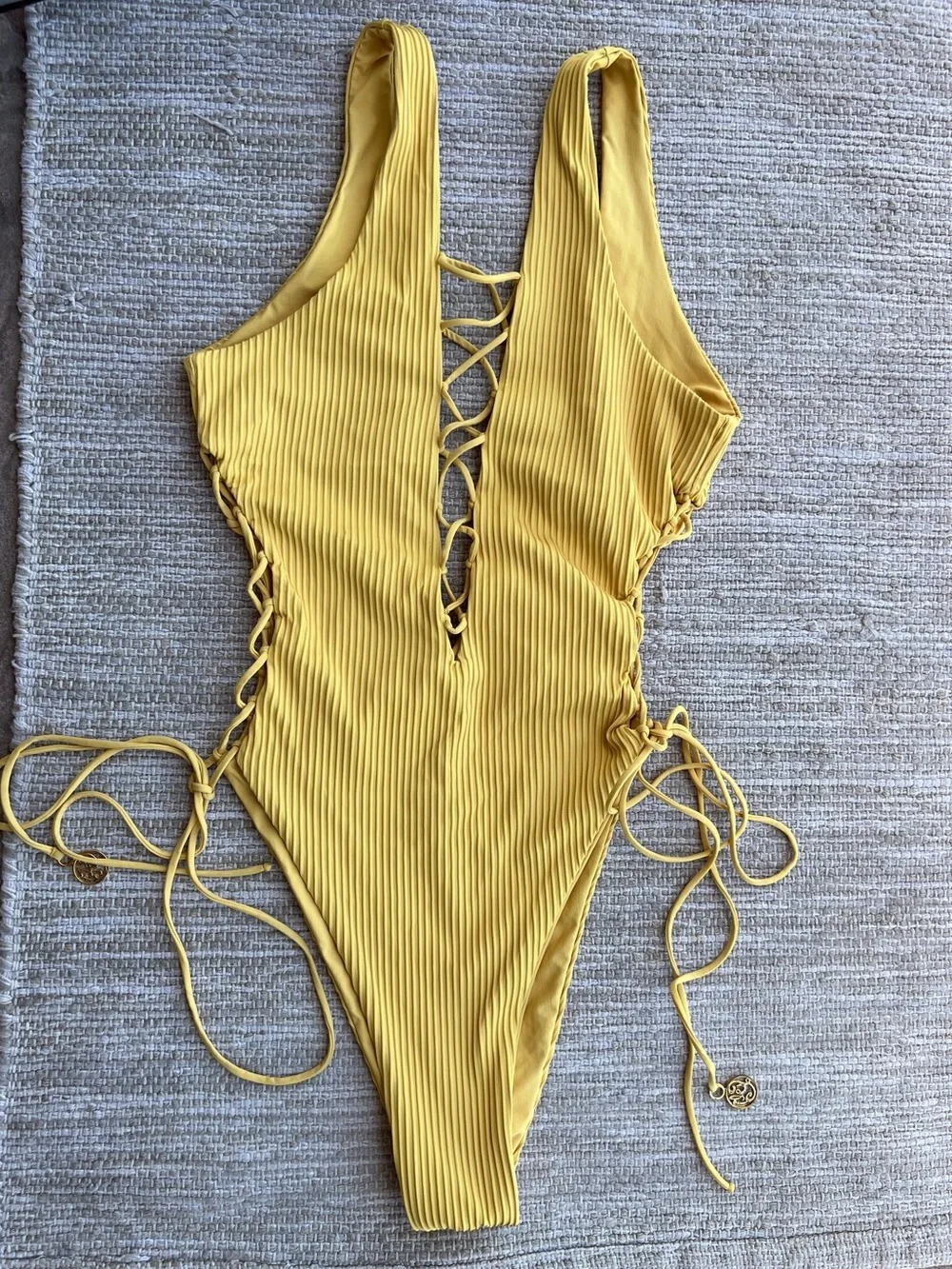Luli Fama Pura Curiosidad Open Side One Piece Ribbed Swimsuit Yellow Lace Up  M
